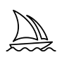 Simple black icon of a sailboat with two sails floating on wavy water, set against a white rounded square background.