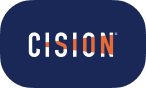 Cision logo text in white and orange on a navy rounded rectangle background.