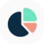 Circular pie chart icon divided into three segments colored dark blue, mint green, and salmon pink with rounded edges on a white rounded square background.