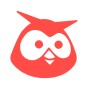 Red stylized owl face with large eyes and small beak inside a rounded square.