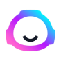 Stylized smiling face icon with curved mouth in black, surrounded by a gradient arc transitioning from purple to blue on a white rounded square background.