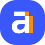 White lowercase letter 'a' intertwined with an orange lowercase letter 'j' on a blue rounded square background.