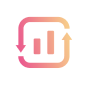 Icon featuring three vertical bar chart columns inside a rounded square with curved arrows pointing down on the left and up on the right, in a gradient from pink to orange.