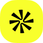 Black star-like abstract shape with eight irregular rays on a bright yellow rounded square background.
