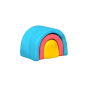 Three-layered arch made of soft material in blue, purple, and yellow colors set against a white rounded square background.
