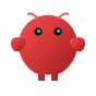 Red round cartoon character with teal eyes, small curved antennae, and stubby arms and legs on a white background.
