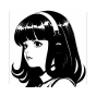 Black and white illustration of a young woman with straight hair, bangs, and a contemplative expression, facing left.