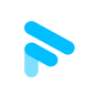 Abstract blue and cyan geometric shapes forming a stylized letter F on a white rounded square background.