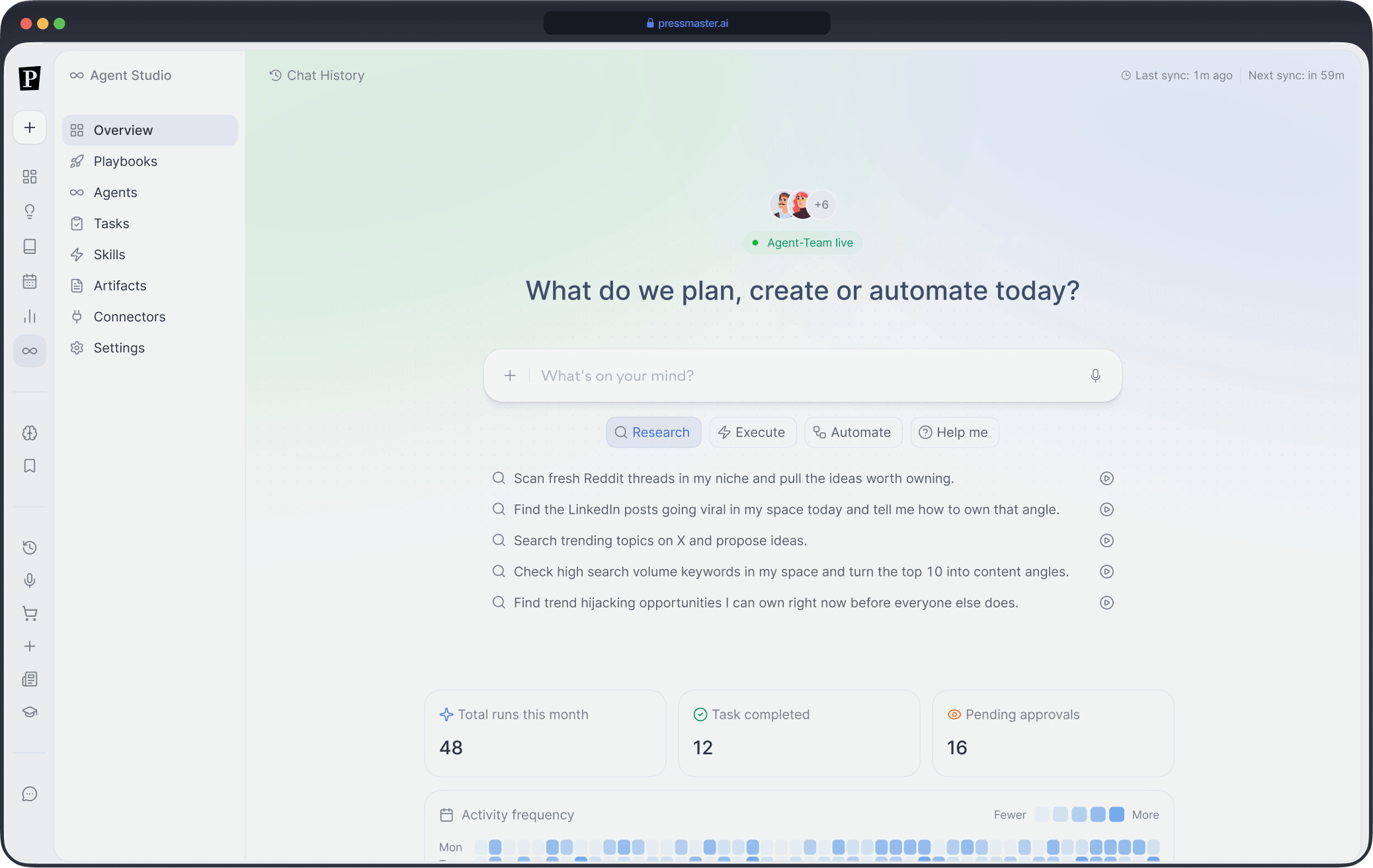 Screenshot of a task management dashboard with a sidebar menu and main content area showing a prompt asking "What do we plan, create or automate today?" with a text input box below it. Four buttons labeled Research, Execute, Automate, and Help me are beneath the input. Five research tasks are listed, including scanning Reddit threads, finding viral LinkedIn posts, searching trending topics on X, checking high search volume keywords, and finding trend hijacking opportunities. Below the tasks, summary cards show 48 total runs this month, 12 tasks completed, and 16 pending approvals.