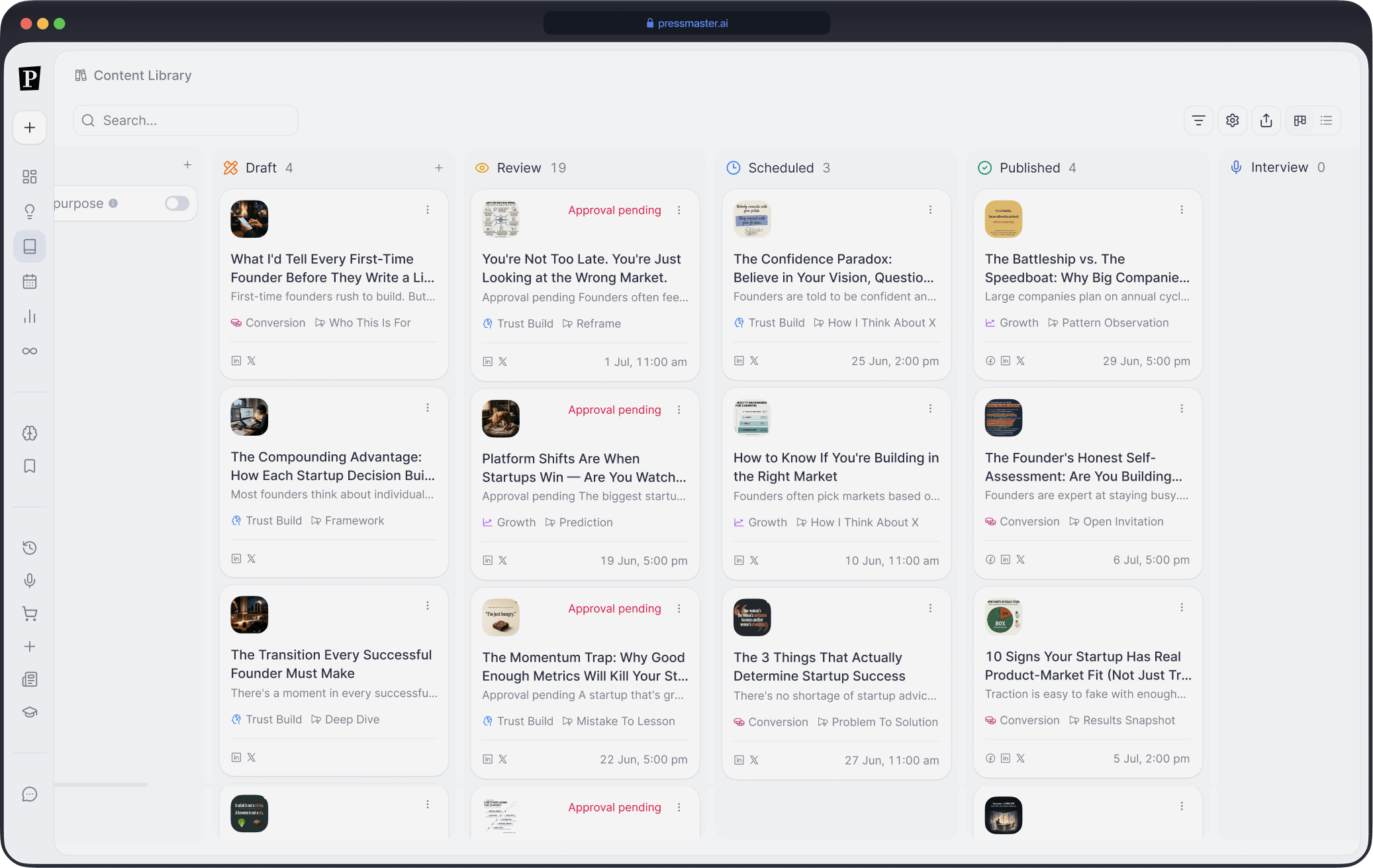 Screenshot of a content management dashboard showing columns for Draft, Review, Scheduled, Published, and Interview articles, each with multiple cards displaying titles, short descriptions, tags, and status indicators like 'Approval pending'. The sidebar has icons for navigation, and the top right includes buttons for filtering, settings, sharing, and view options.