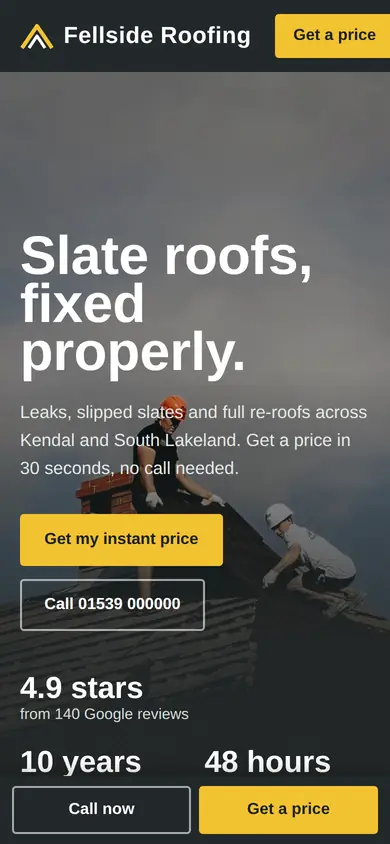 Fellside Roofing website on a phone