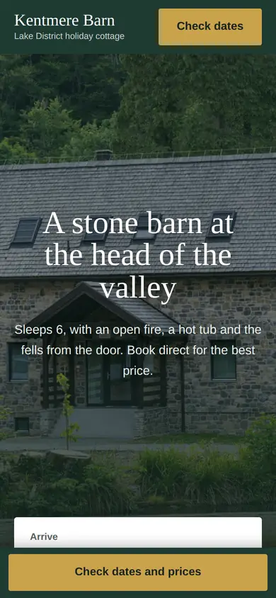 Kentmere Barn website on a phone