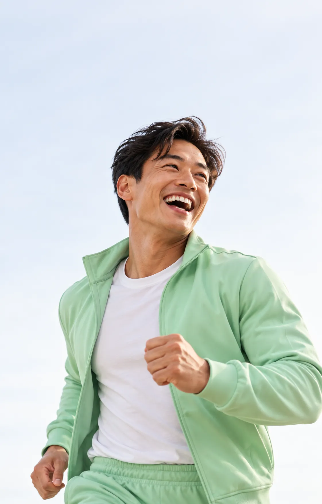 Man laughing while running outdoors