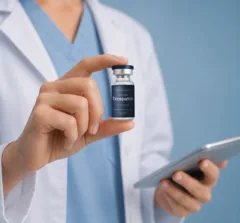 Provider holding a vial and a phone