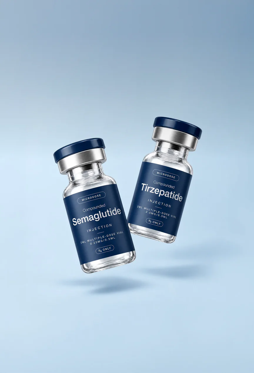 Two vials of compounded semaglutide and tirzepatide floating on a blue background