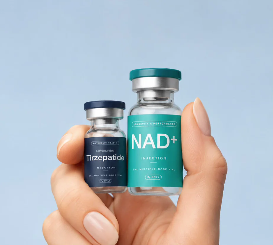 Hand holding compounded tirzepatide and NAD+ vials