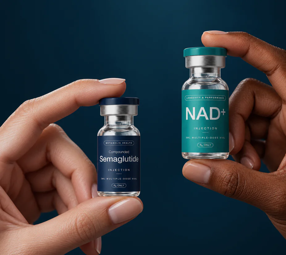 Hands holding compounded semaglutide and NAD+ vials