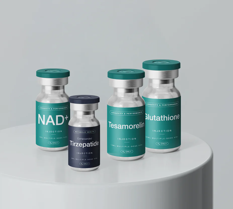 NAD+, tirzepatide, tesamorelin and glutathione vials