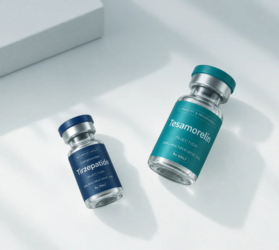 Compounded tirzepatide and tesamorelin vials