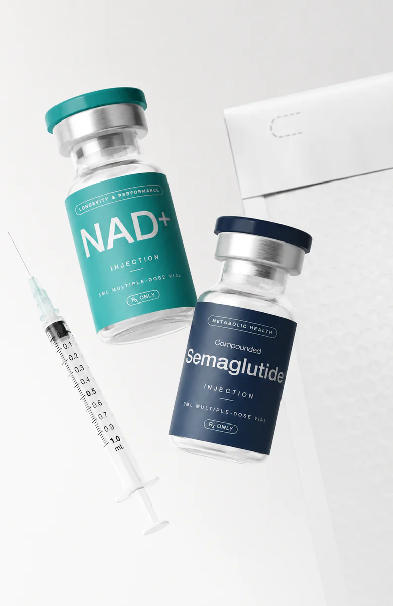 NAD+ and semaglutide vials with a syringe and shipping box
