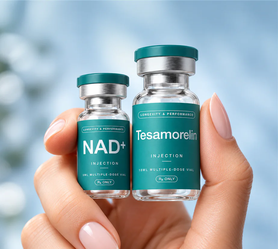 Hand holding NAD+ and tesamorelin vials