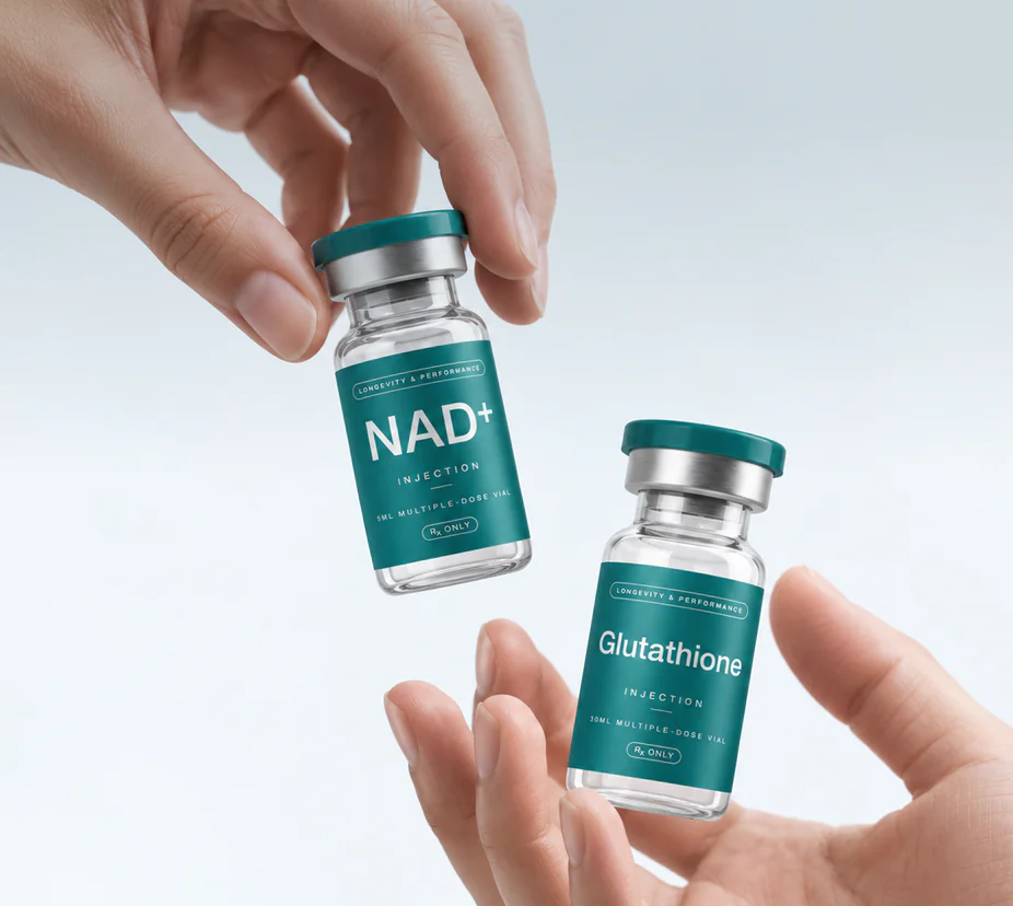 Hands holding NAD+ and glutathione vials