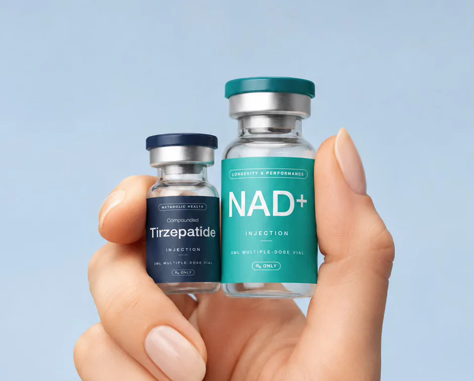 Hand holding compounded tirzepatide and NAD+ vials