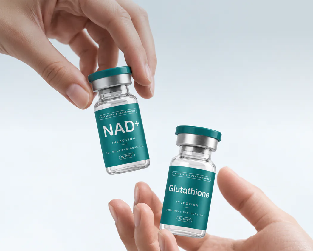Hands holding NAD+ and glutathione vials
