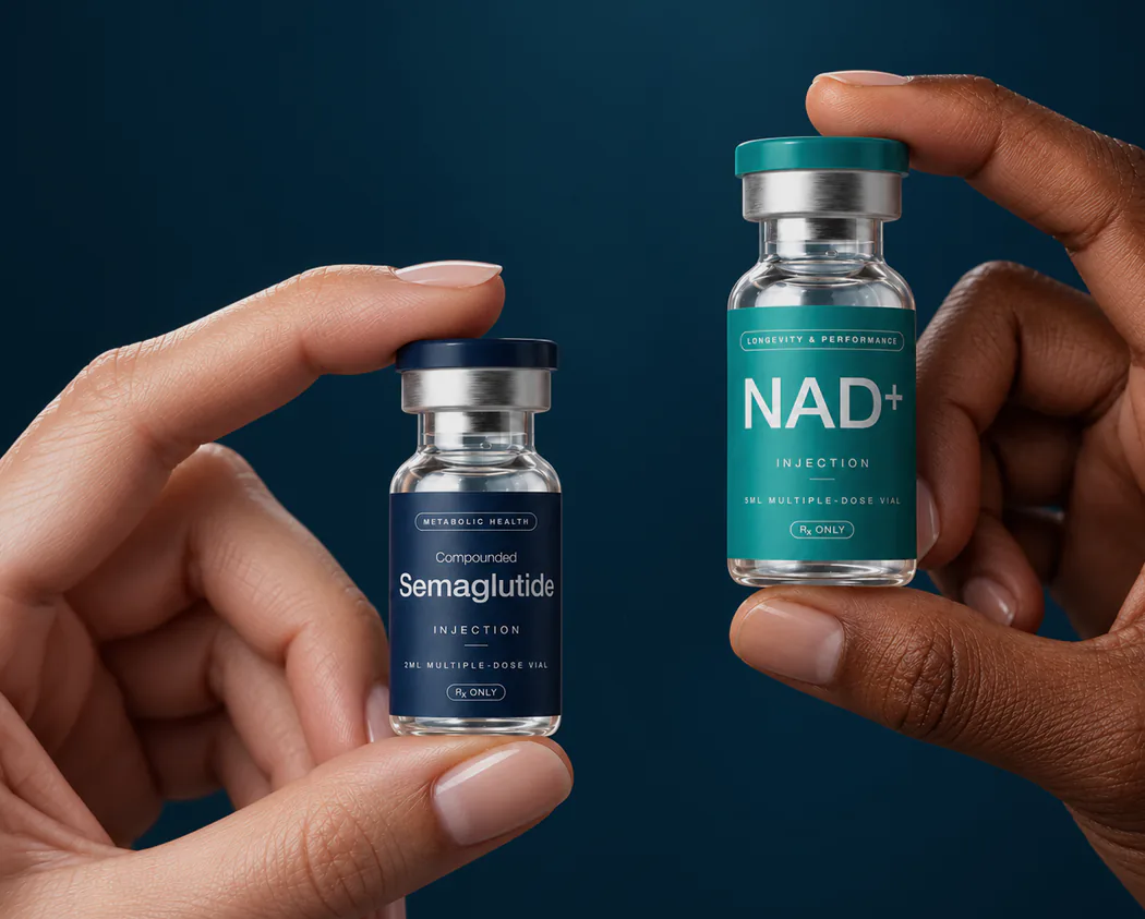 Hands holding compounded semaglutide and NAD+ vials