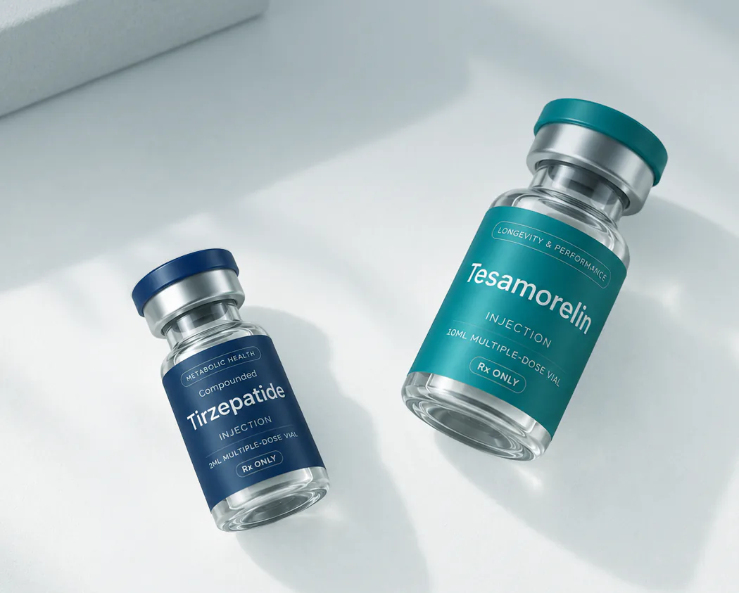 Compounded tirzepatide and tesamorelin vials
