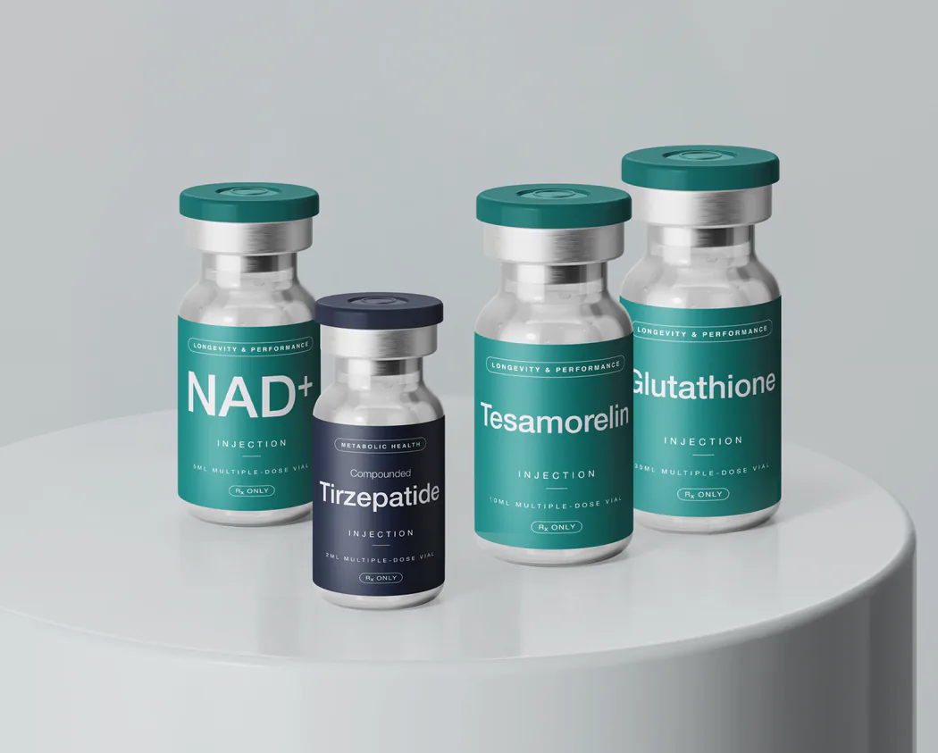 NAD+, tirzepatide, tesamorelin and glutathione vials