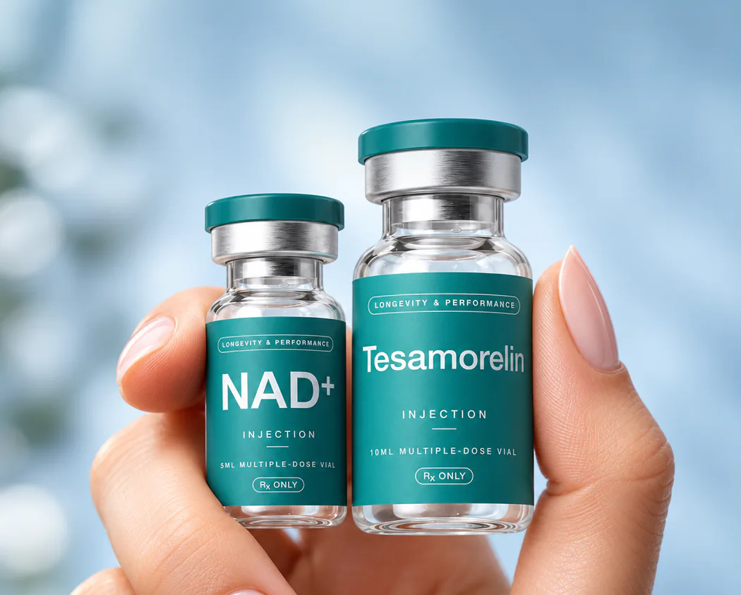 Hand holding NAD+ and tesamorelin vials