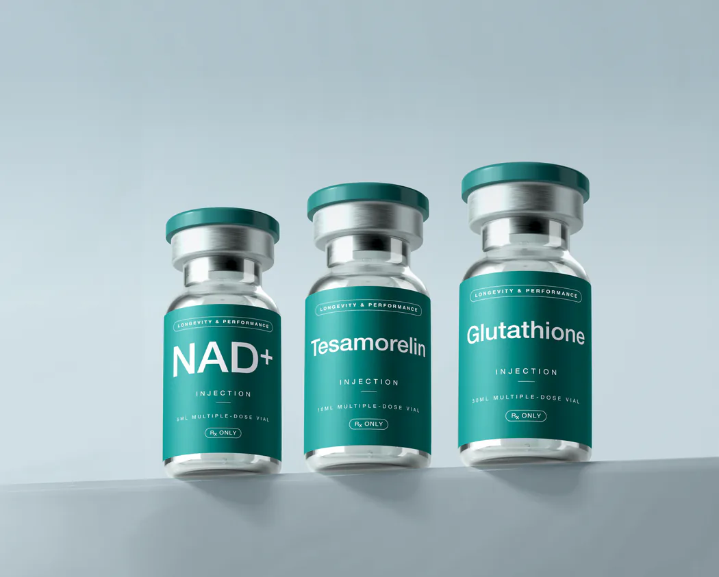 NAD+, tesamorelin and glutathione vials