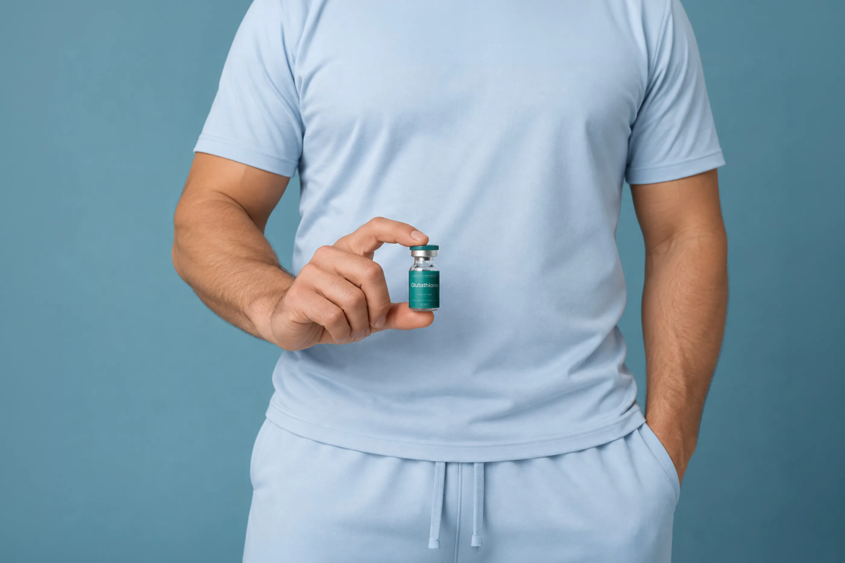 Man holding a vial of compounded glutathione