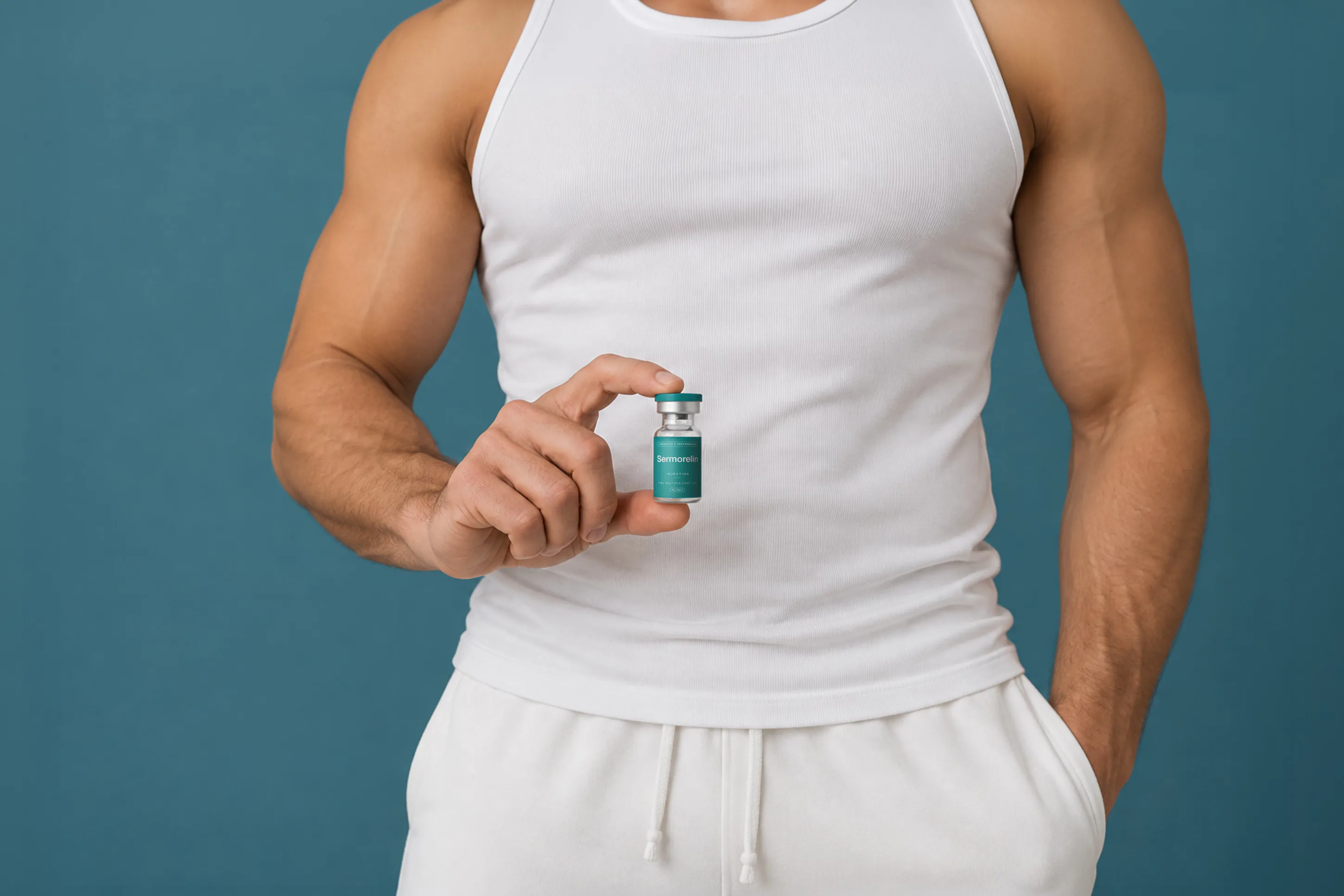 Man holding a vial of compounded sermorelin