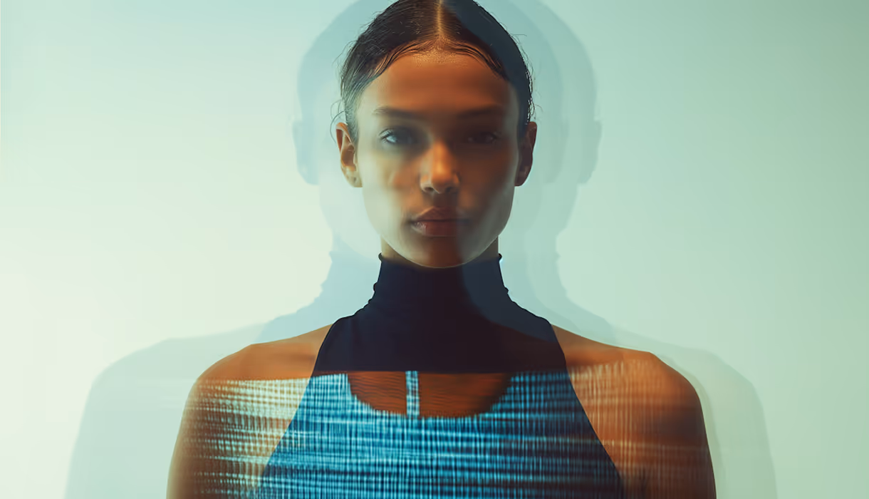 Portrait of a woman with two ghostly shadows on each side and blue digital lines projected on her shoulders and black top.