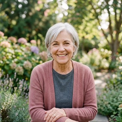 Happy homeowner in her garden