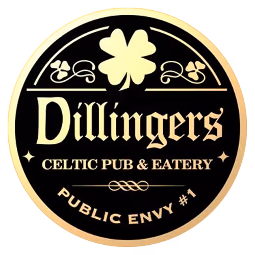 Circular logo for Dillingers Celtic Pub & Eatery featuring a large four-leaf clover and two smaller shamrocks above the name, with the tagline 'Public Envy #1' at the bottom.