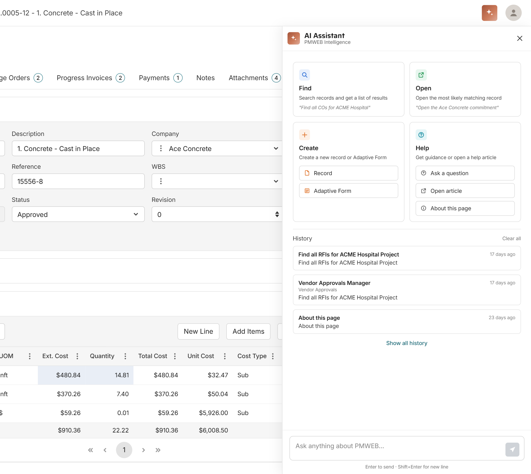 PMWEB 2026 AI Assistant panel showing Find, Open, Create and Help
