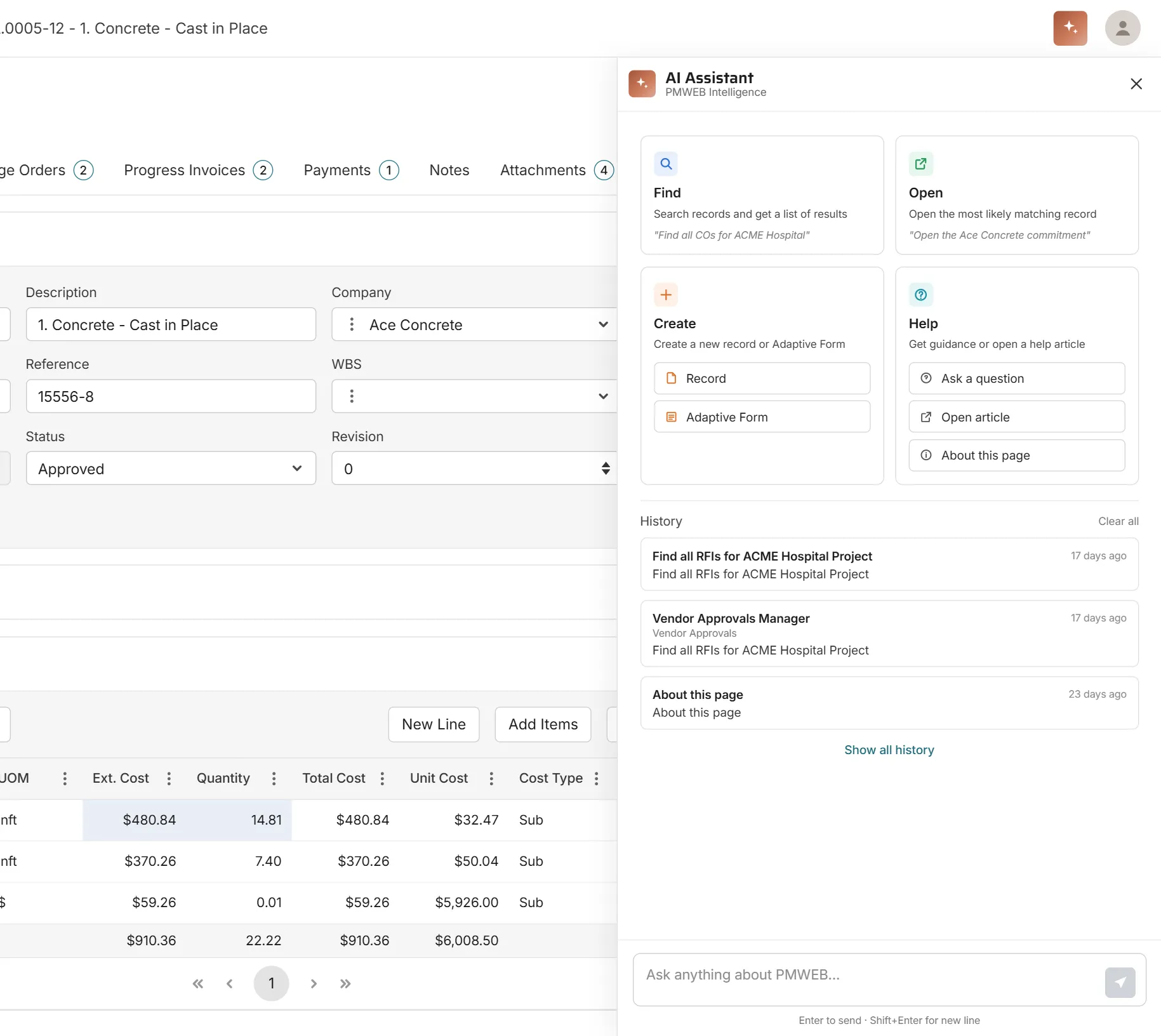PMWEB 2026 AI Assistant panel showing Find, Open, Create and Help