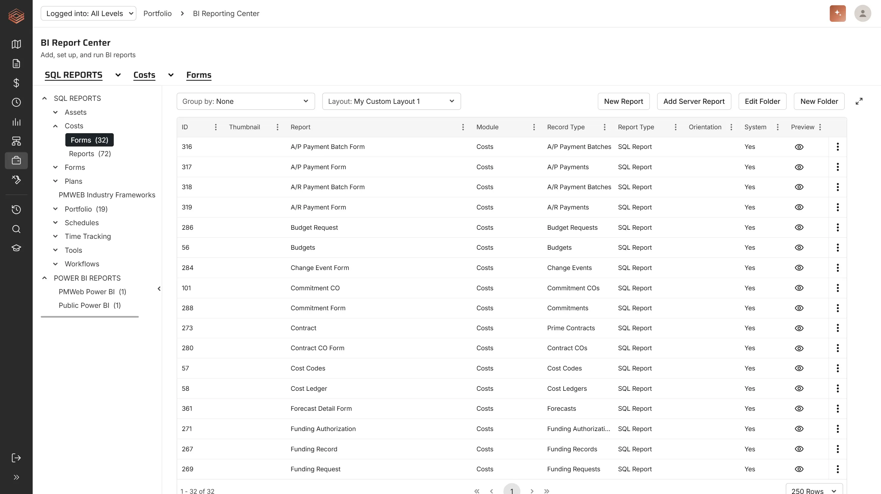 PMWEB 2026 BI Report Center with breadcrumbs and sortable report table