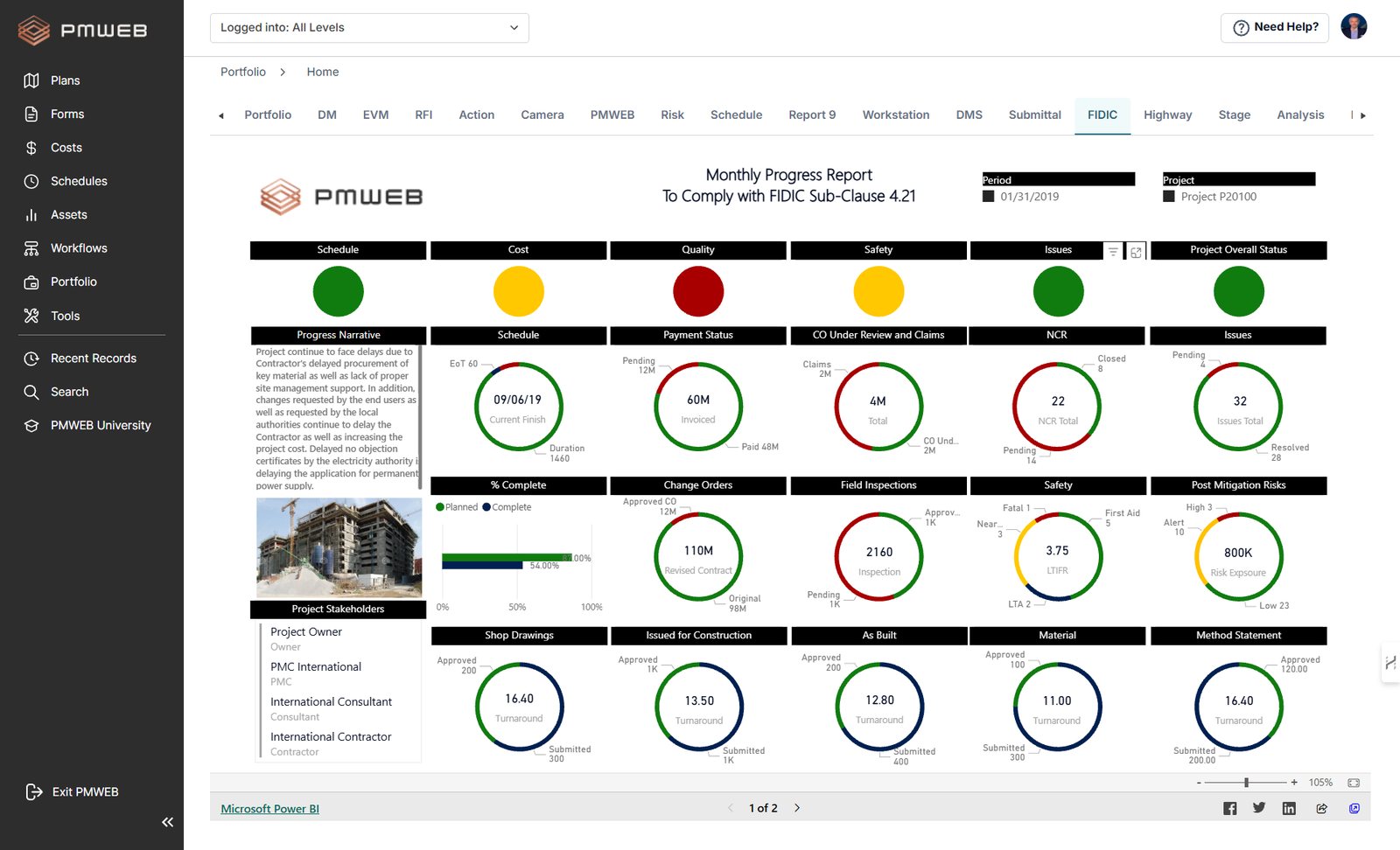 Monthly progress report to FIDIC Sub-Clause 4.21, CMCS dashboard in PMWEB