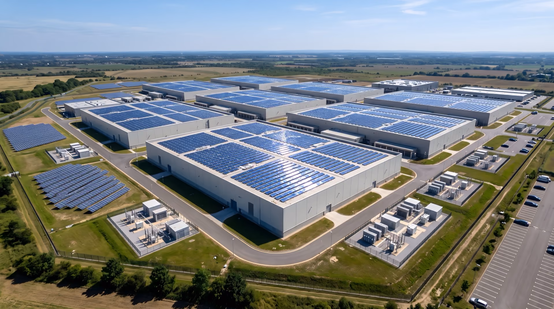Aerial view of a large data center complex