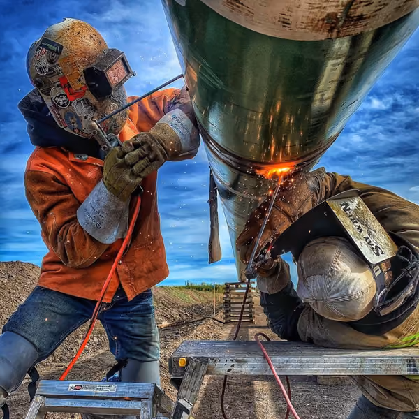 Union welder in a protective helmet working with sparks flying