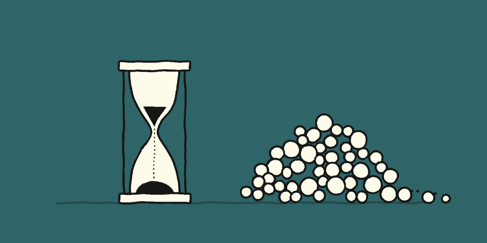 An hourglass running low beside an overflowing heap of circles