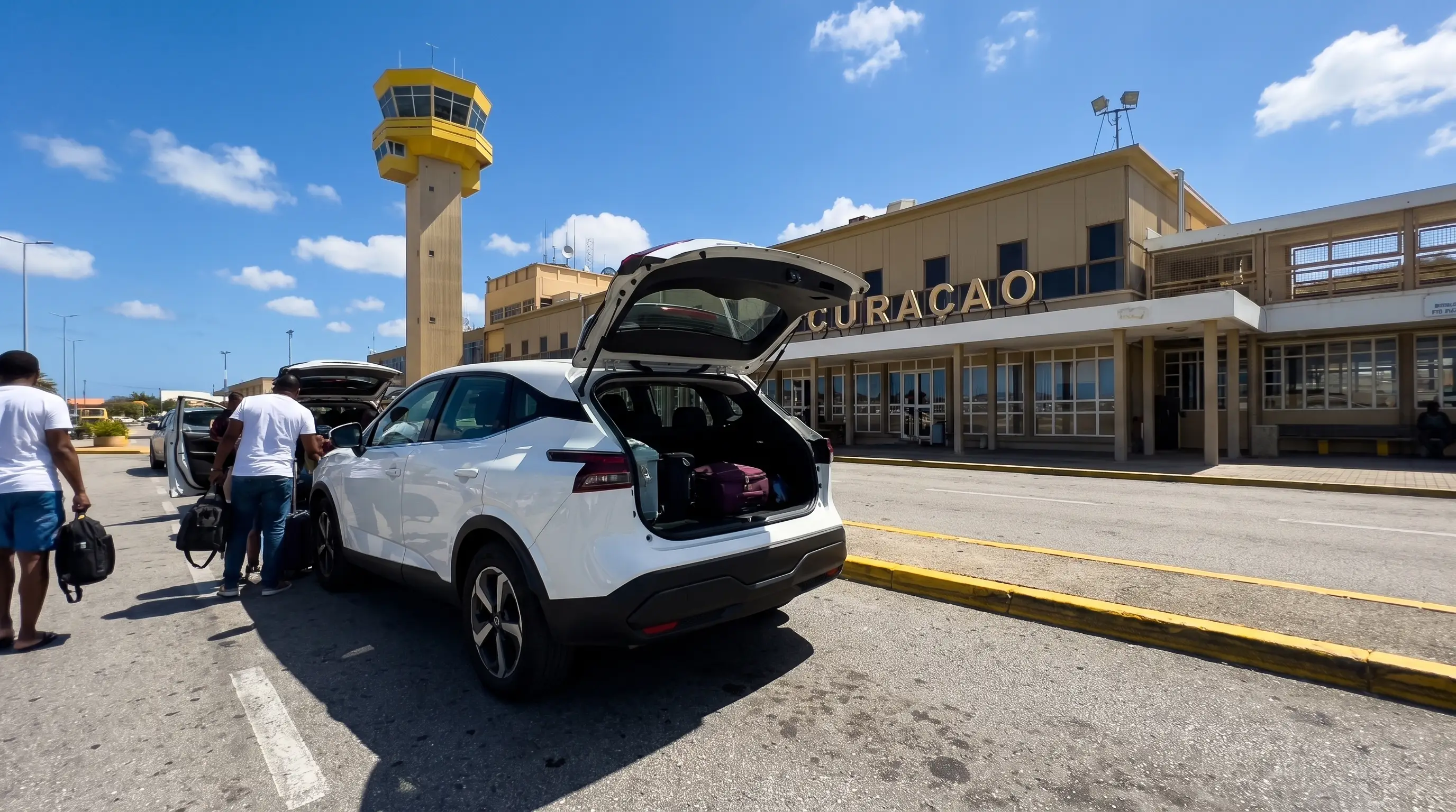 Travelers loading luggage into a white SUV outside the airport terminal