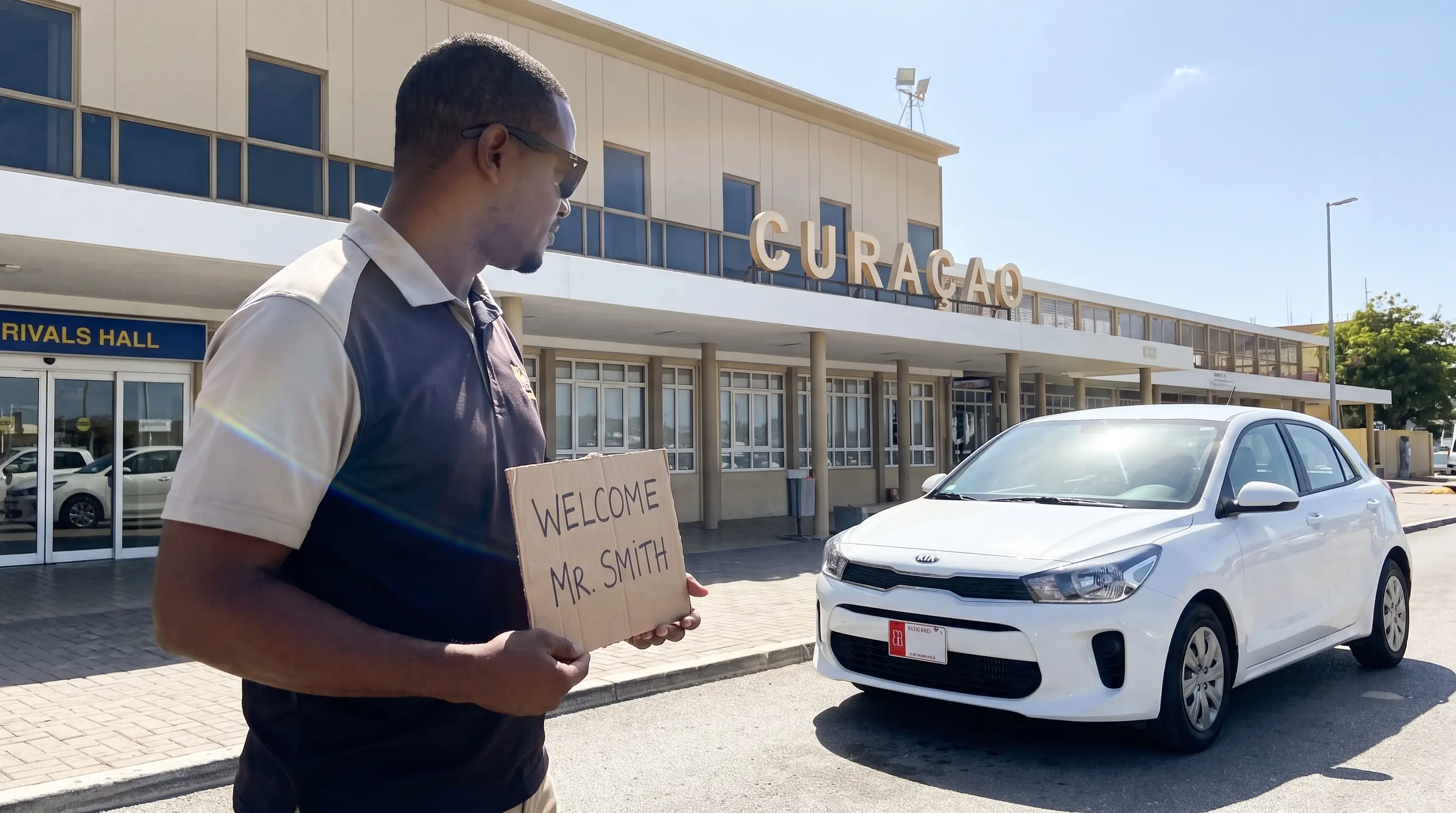 Local rental agent holding a welcome sign outside the arrivals hall