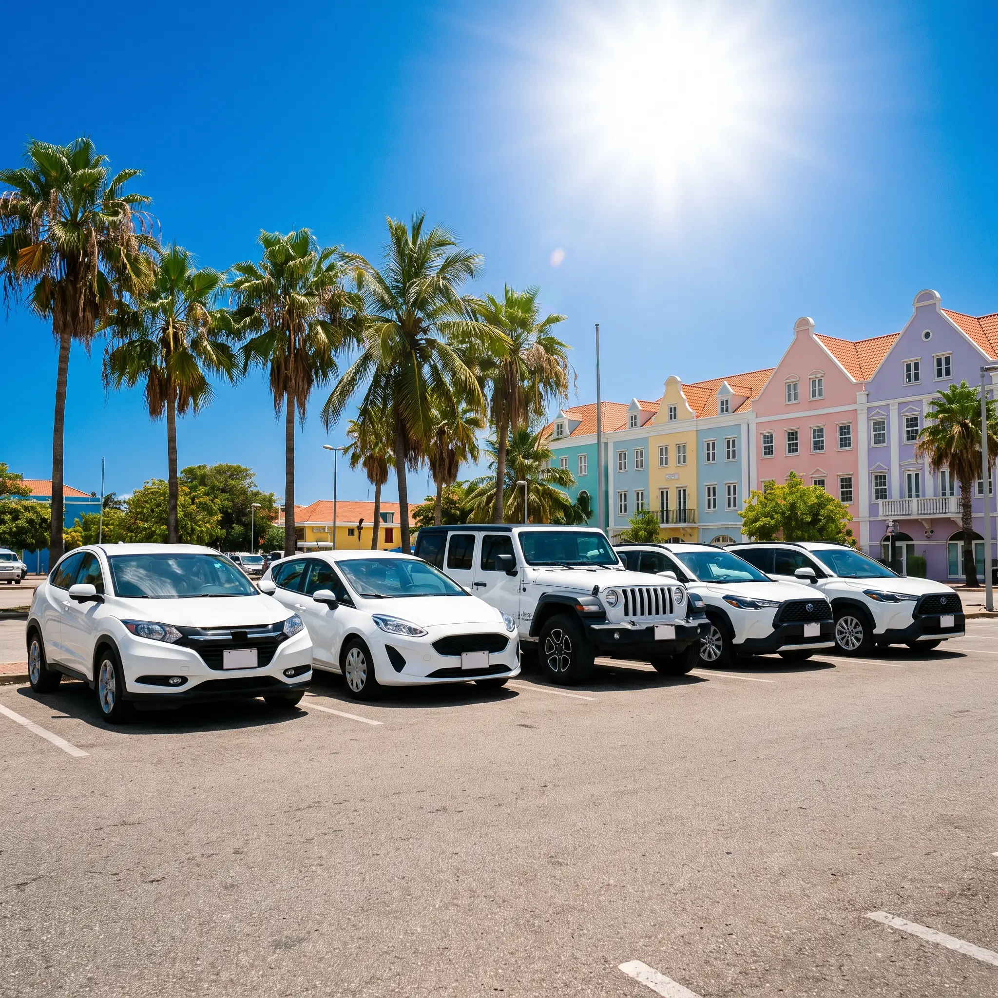 Row of white rental cars in front of colorful buildings in Willemstad