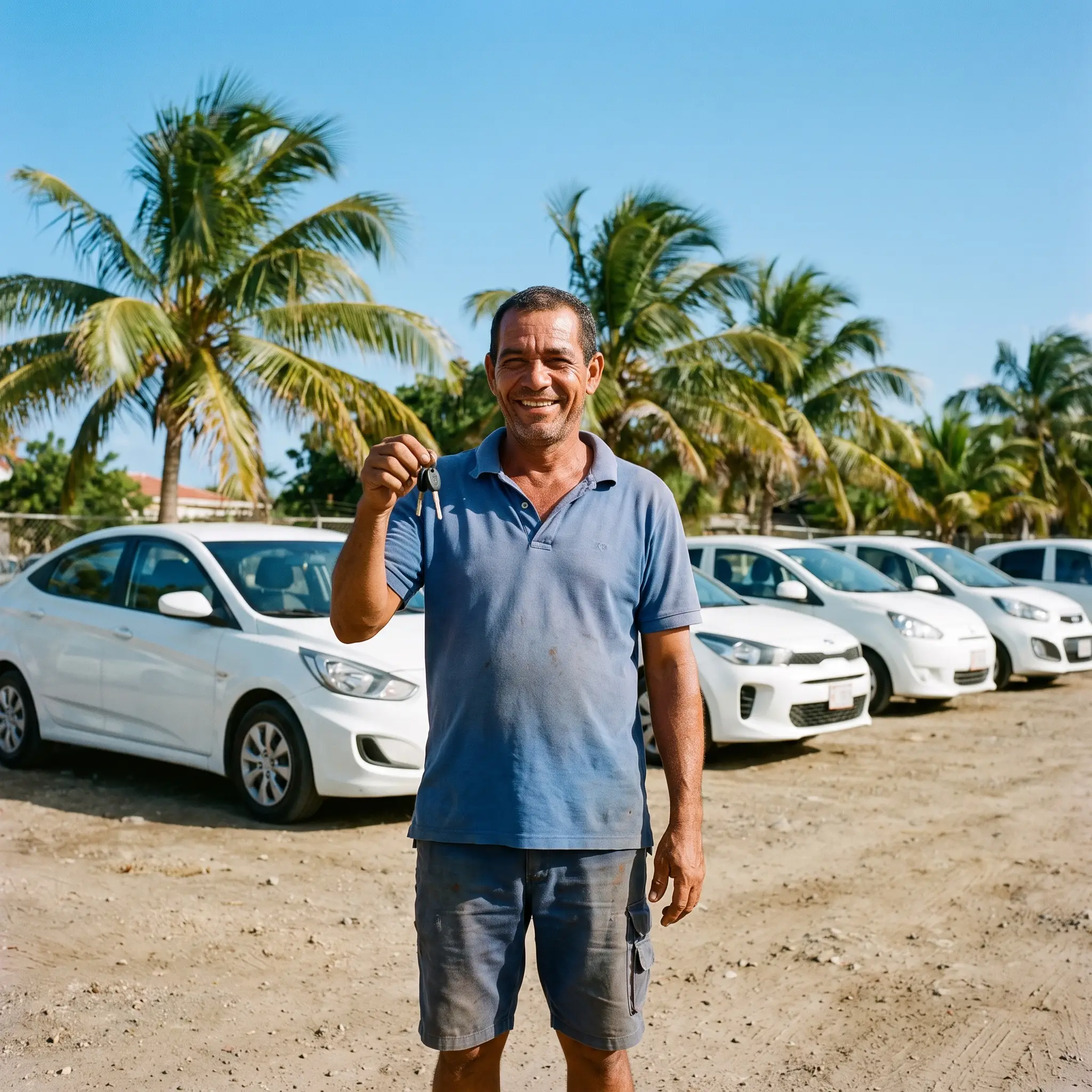 Local car rental owner holding car keys at his rental lot in Curaçao