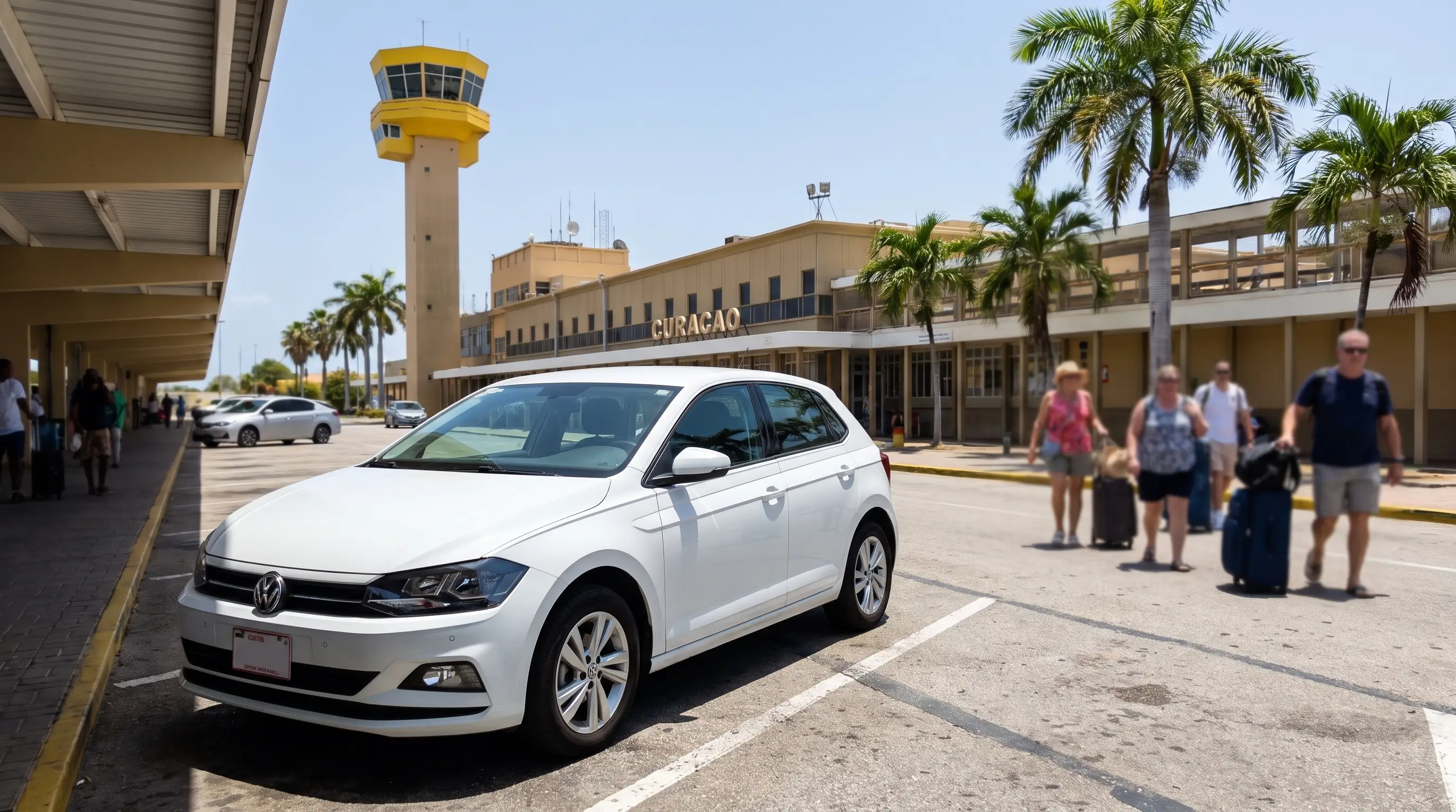 Rental car parked outside the airport as travelers walk out with luggage